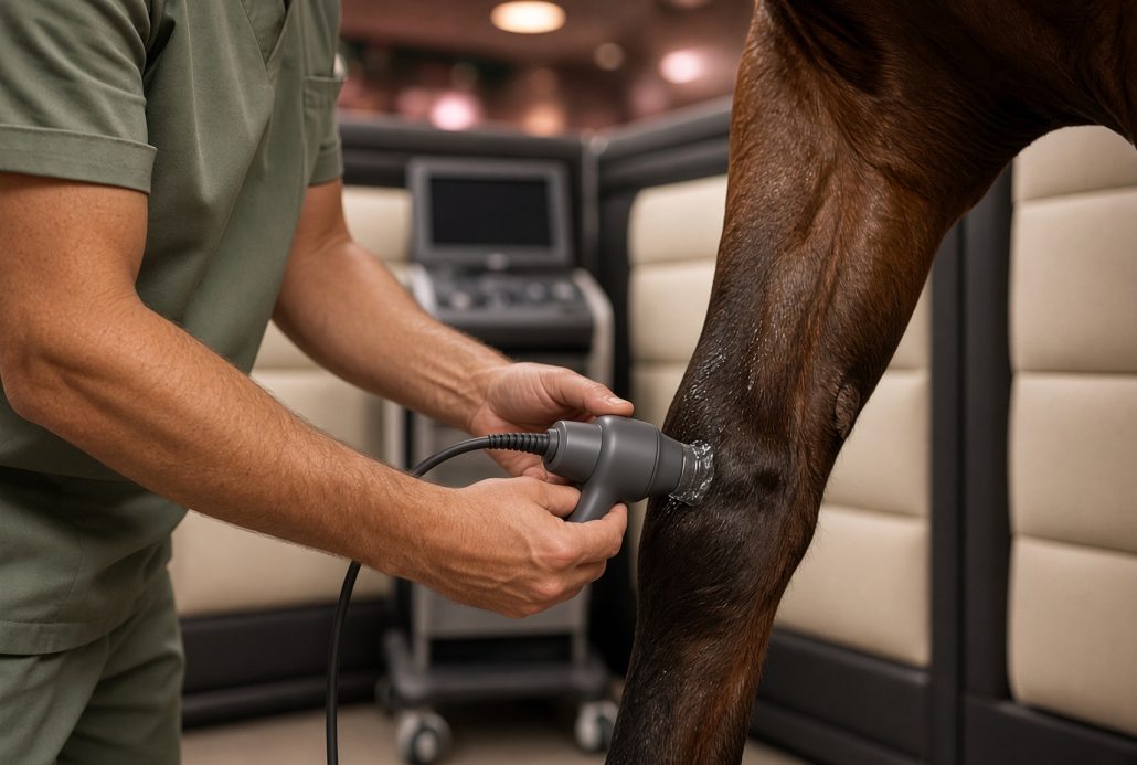 Veterinarian applying an unbranded focused acoustic wave handpiece to a horse’s forelimb in a treatment stall.